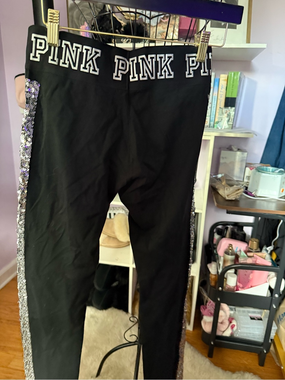 PINK Victoria's Secret Black Leggings with Silver Sequin Side Stripes - Picture 5 of 10
